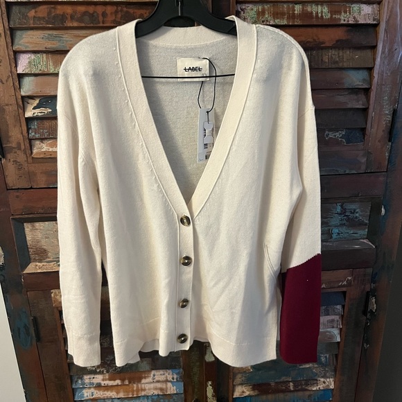 NWT Label Intarsia Cardigan Sweater Merino and Cashmere Blend Cream Large - Picture 2 of 4